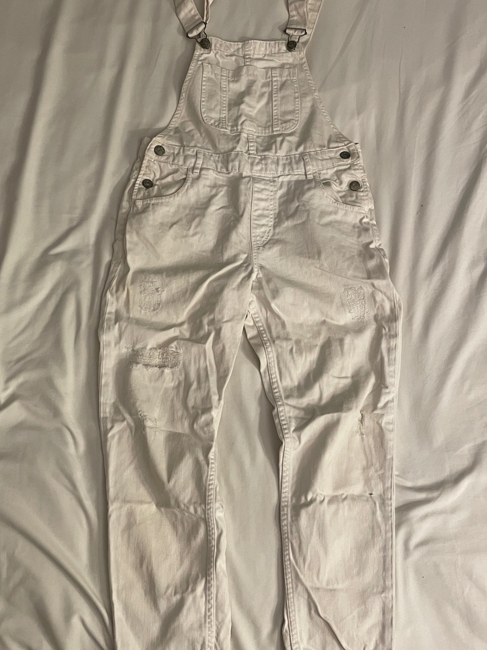Zara White Distressed Denim Overalls